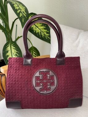 Tory Burch Burgundy Wine Quilted Nylon And Leather Ella Damask Tote Handbag